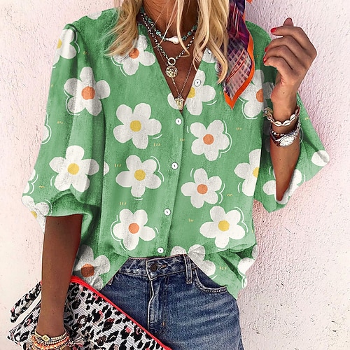 

Women's Blouse Shirt Green Blue Pink Floral Button Print Long Sleeve Daily Weekend Streetwear Casual Standing Collar Regular Floral S / 3D Print