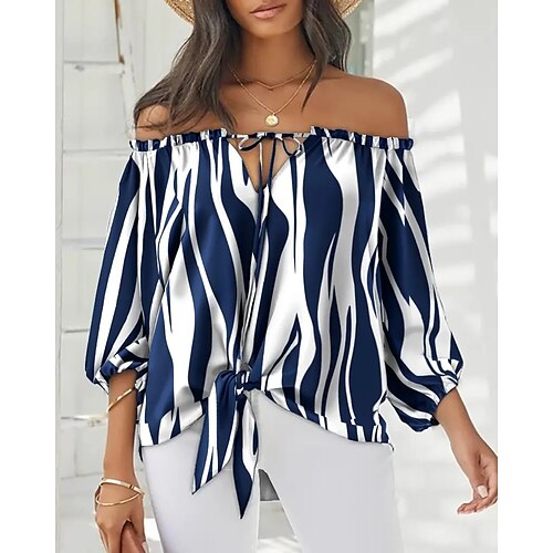 

Women's Blouse Shirt Blue Pink Royal Blue Plaid Patchwork Print Long Sleeve Daily Casual Off Shoulder Regular Puff Sleeve S