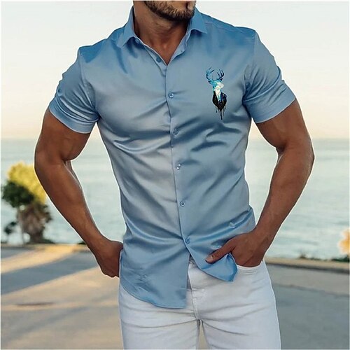

Men's Shirt Hot Stamping Graphic Patterned Elk Turndown Street Casual Button-Down Print Short Sleeve Tops Designer Casual Fashion Big and Tall Blue / Summer