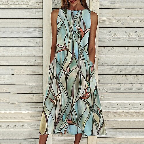 

Women's A Line Dress Midi Dress Green Blue Purple Sleeveless Print Pocket Print Spring Summer Crew Neck Casual Vacation 2022 S M L XL XXL 3XL