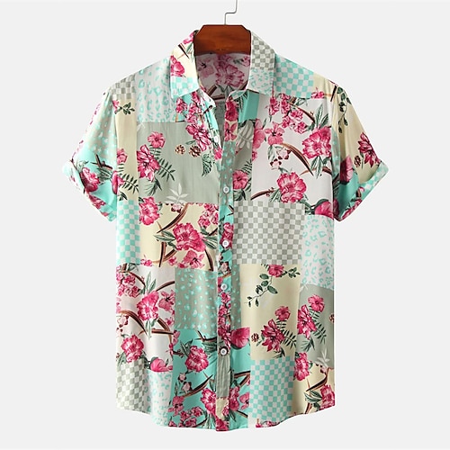 

Men's Shirt Print Floral Turndown Street Daily Button-Down Print Short Sleeve Tops Casual Fashion Breathable Comfortable Light Green