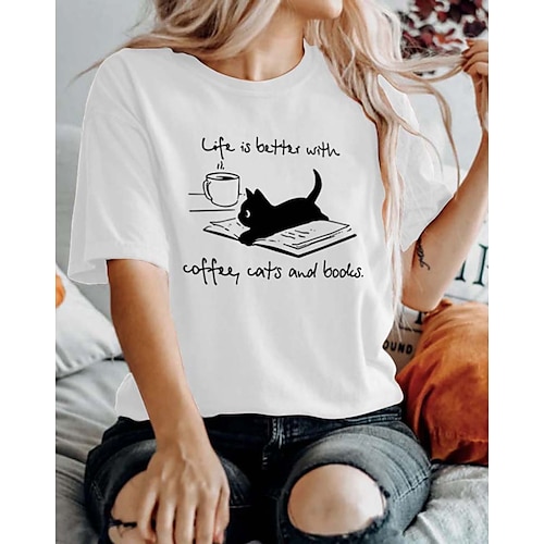 

Women's T shirt Tee Pink Yellow Light Green Cat Print Short Sleeve Casual Weekend Basic Round Neck Regular Cotton Life Is Better With Coffee Cats And Books Cat Painting S