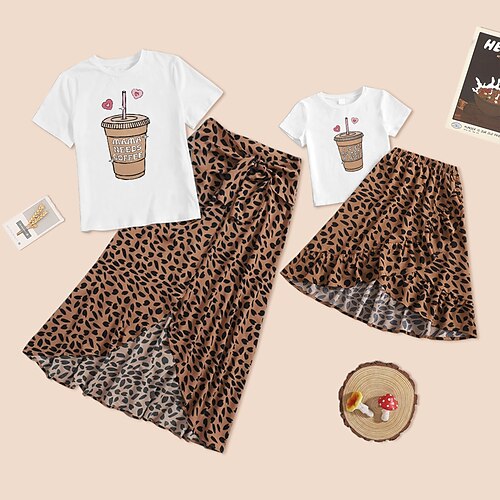 

Mommy and Me Dresses Family Sets Graphic Patterned Heart Leopard Daily Lace up Multicolor Short Sleeve Asymmetrical Casual Matching Outfits