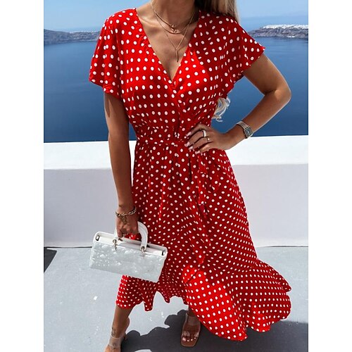 

Women's Casual Dress Midi Dress Red White Short Sleeve Polka Dot Print Spring Summer V Neck 2022 S M L XL XXL