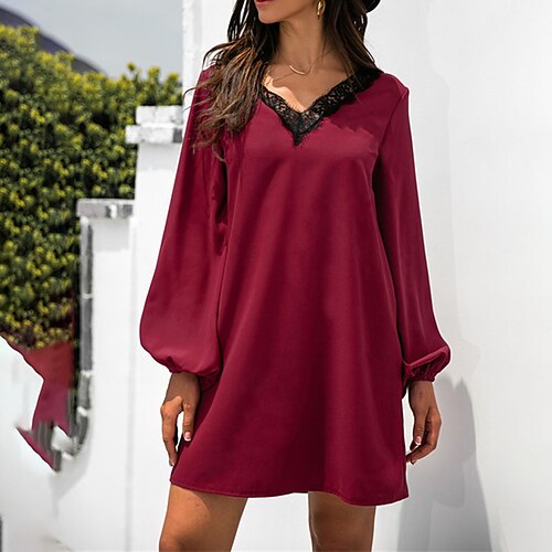 

Women's Shift Dress Short Mini Dress Black Wine Army Green Long Sleeve Color Block Lace Spring Summer V Neck Casual Mature 2022 S M L XL