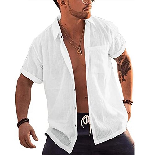 

Men's Shirt Solid Color Turndown Street Casual Button-Down Short Sleeve Tops Casual Fashion Comfortable Beach White