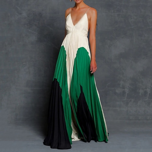 

abito da sera da donna abito con spalline abito svasato abito lungo maxi abito giallo verde grigio senza maniche color block plissettato primavera estate spaghetti strap party party loose fit 2023 s