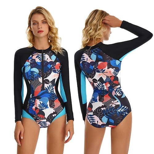 

Women's Rash Guard One Piece Swimsuit UV Sun Protection UPF50 Quick Dry Long Sleeve Swimwear Bathing Suit Front Zip Swimming Surfing Beach Water Sports Printed Autumn / Fall Spring Summer