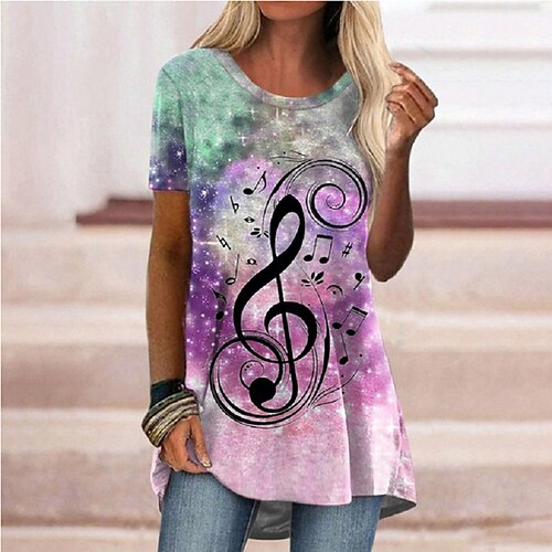 

Women's T shirt Tee Rainbow Galaxy Music Print Short Sleeve Casual Daily Basic Round Neck Long Loose Fit Painting S / 3D Print