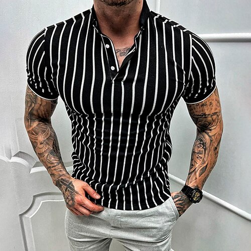 

Men's Collar Polo Shirt Golf Shirt Striped Turndown Black Hot Stamping Outdoor Street Short Sleeve Button-Down Print Clothing Apparel Cotton Fashion Casual Breathable Comfortable / Summer / Summer