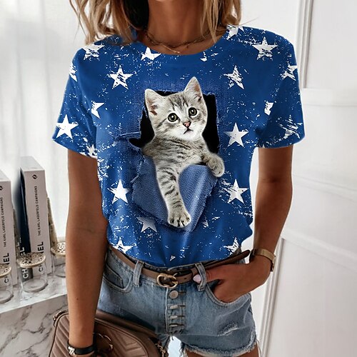 

Mulheres Camiseta Vermelho Azul Marinha Azul Gato Estrela Imprimir Manga Curta Casual Final de semana Básico Decote Redondo Padrão Gato 3D Pintura S