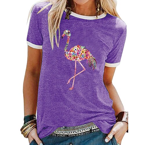 

Women's T shirt Tee Green Blue Purple Graphic Animal Patchwork Print Short Sleeve Daily Weekend Basic Round Neck Regular Flamingo S