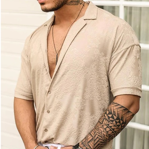 

Men's Shirt Solid Color Turndown Street Casual Button-Down Short Sleeve Tops Casual Fashion Breathable Khaki / Summer