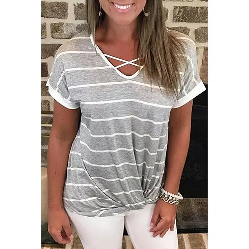 

Women's Striped Casual Weekend Painting T shirt Tee Short Sleeve Print V Neck Basic Essential Tops Gray S