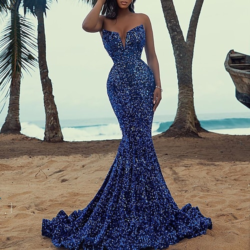 

Mermaid / Trumpet Prom Dresses Luxurious Dress Formal Evening Sweep / Brush Train Sleeveless Off Shoulder Sequined with Sequin 2022 / Sparkle & Shine