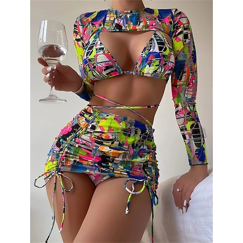 

Women's Swimwear Bikini Four Piece Normal Swimsuit Backless Ruched Printing string Graphic Patterned Geometic Blue High Neck Bathing Suits New Vacation Sexy / Modern