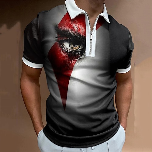 

Men's Collar Polo Shirt Golf Shirt Eye Turndown Black / White 3D Print Street Daily Short Sleeve Zipper 3D Clothing Apparel Fashion Casual Breathable Comfortable / Beach