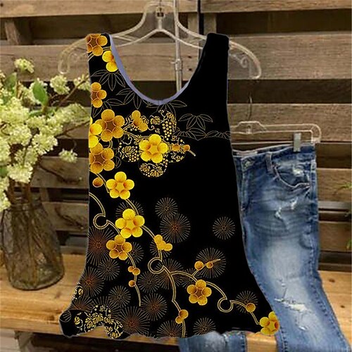 

Women's Plus Size Tops Tank Top Floral Print Sleeveless V Neck Streetwear Daily Holiday Cotton Spandex Jersey Spring Summer Yellow