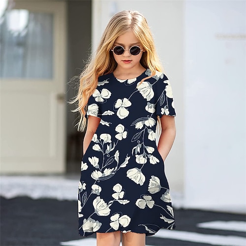 

Kids Little Girls' Dress Floral A Line Dress Daily Holiday Vacation Print White Black Above Knee Short Sleeve Casual Cute Sweet Dresses Spring Summer Regular Fit 3-12 Years