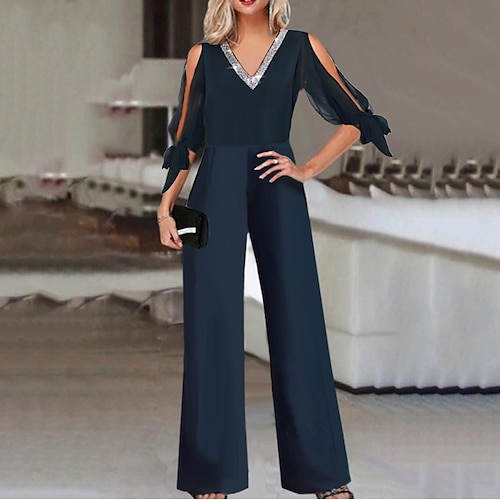 

Women's Jumpsuit Sequin Solid Color V Neck Elegant Daily Holiday Straight Regular Fit Half Sleeve Navy Blue S M L Spring