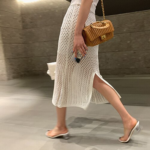 

Women's Skirt Midi Acrylic White Black Skirts Summer Split Cut Out Long Fashion Summer Vacation Beach One-Size