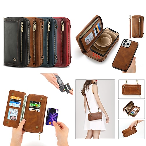 

Phone Case For Apple Handbag Purse Wallet Card iPhone 14 Pro Max 14 Plus 13 12 11 Pro Max Mini X XR XS Detachable Zipper with Removable Cross Body Strap Solid Colored PU Leather