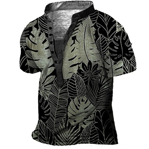 

Men's T shirt Tee Henley Shirt Tee Graphic Plants Tropical Stand Collar Black 3D Print Plus Size Outdoor Daily Short Sleeve Button-Down Print Clothing Apparel Basic Designer Casual Big and Tall
