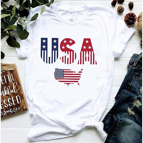 

Damen T Shirt Weiß Gelb Rosa Amerikanische Flagge Bedruckt Kurzarm Casual Wochenende Basic Rundhalsausschnitt Standard Farbe S