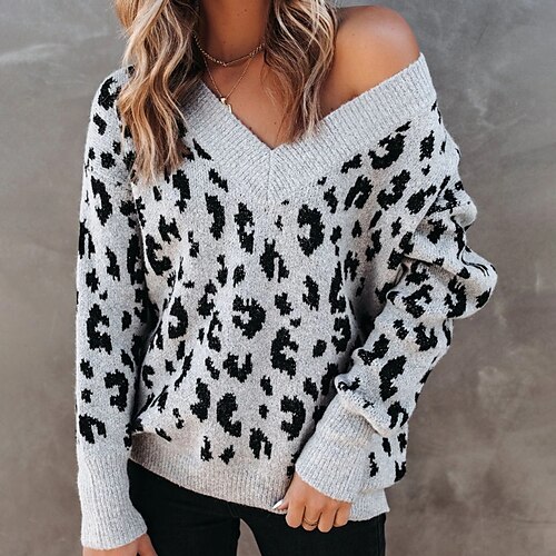 

Women's Pullover Sweater Jumper Ribbed Knit Knitted Leopard V Neck Stylish Casual Daily Holiday Fall Winter Gray Khaki S M L / Long Sleeve / Regular Fit / Going out