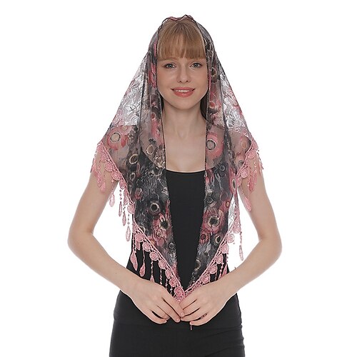 

1pcs Simple Church Shawl Lace Veil Polyester Triangle Scarf Church Prayer Wedding Mantilla Chapel Colorful Embroidered Hijab Women Scarf