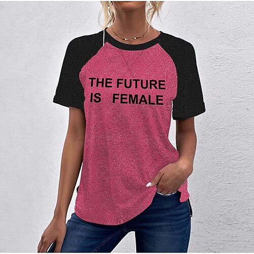 

Women's Casual Weekend Painting T shirt Tee Color Block Text Short Sleeve Print Round Neck Basic Tops Green Black Blue S