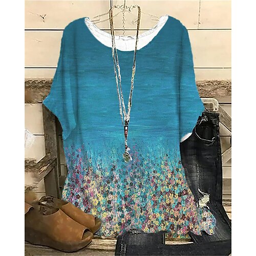 

Women's Plus Size Tops Blouse Shirt Floral Print Half Sleeve Crewneck Streetwear Daily Sports Cotton Spandex Jersey Spring Summer Green Blue