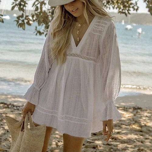 

Women's Sheath Dress Short Mini Dress Long Sleeve Pure Color Hollow Out Spring Summer V Neck Stylish Hot Vacation 2022 One-Size