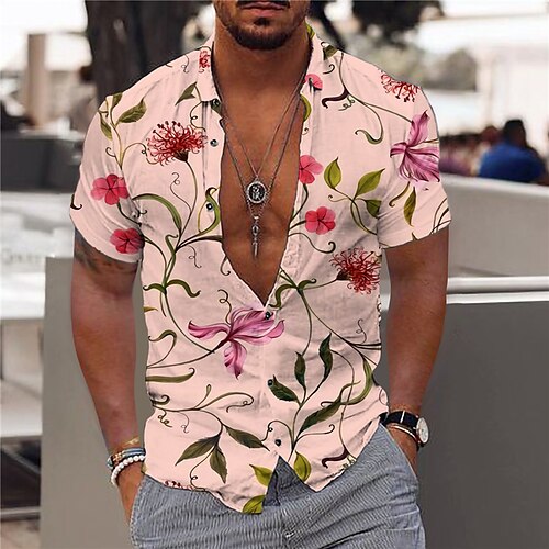 

Men's Shirt Graphic Shirt Floral Turndown Pink Print Outdoor Street Short Sleeve Button-Down Print Clothing Apparel Fashion Designer Casual Breathable / Summer / Spring / Summer