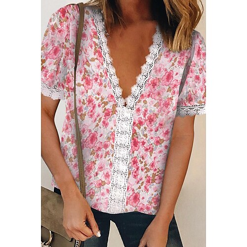 

Women's Daily Weekend Floral Blouse Shirt Floral Short Sleeve Lace Trims Print V Neck Casual Streetwear Tops Green Pink Rainbow S / 3D Print