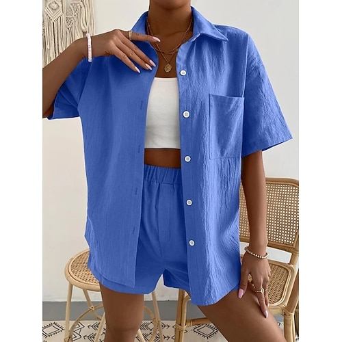 

Women's Tracksuit Shorts Sets Streetwear Blue Fuchsia Casual Daily Plain Shirt Collar S M L XL