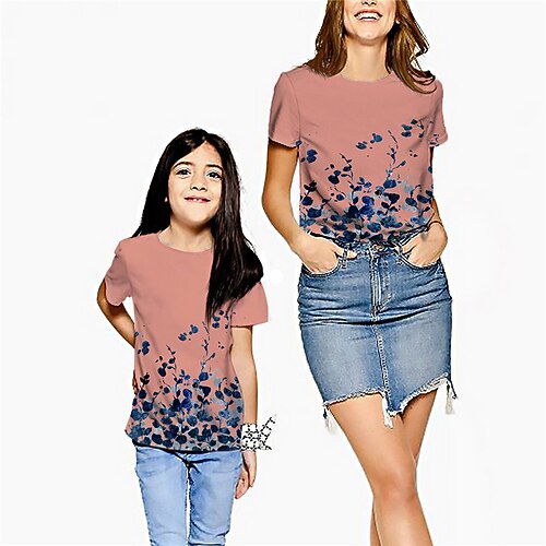 

Mommy and Me T shirt Tops Floral Street Print White Pink Short Sleeve Active Matching Outfits
