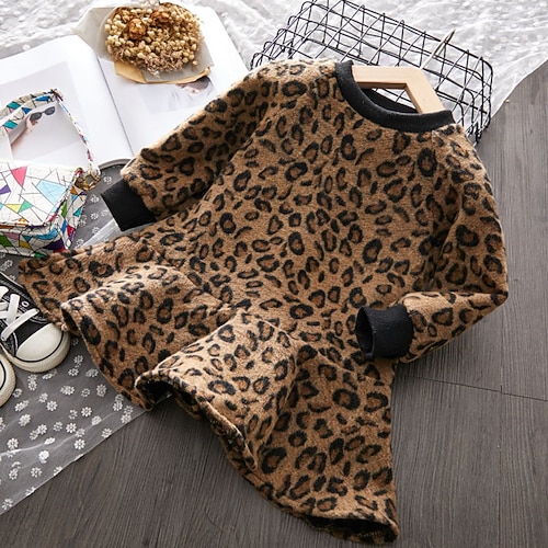 

Kids Little Girls' Dress Leopard A Line Dress Daily Print Brown Above Knee Long Sleeve Beautiful Cute Dresses Spring Summer Regular Fit 2-8 Years
