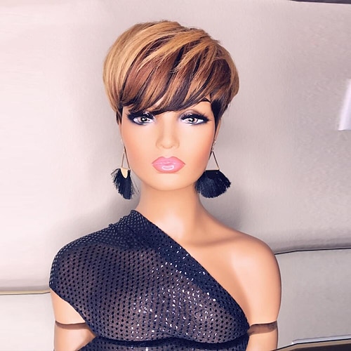 

Ombre Highlight Short Bob Pixie Cut Wigs For Black Women Straight Honey Blonde Brazilian Remy Hair Machine Made Wig With Bangs