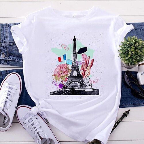 

2021 spring women's short-sleeved new t-shirt fashion eiffel tower printing cross-border one-piece drop shipping