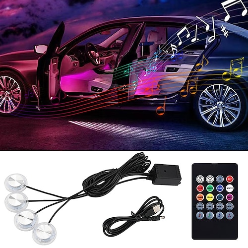 

4 in 1 LED Car Foot Light Ambient Lamp With USB Wireless Remote Music Control Multiple Modes Automotive Interior Decorative Lights Remote Control 12V