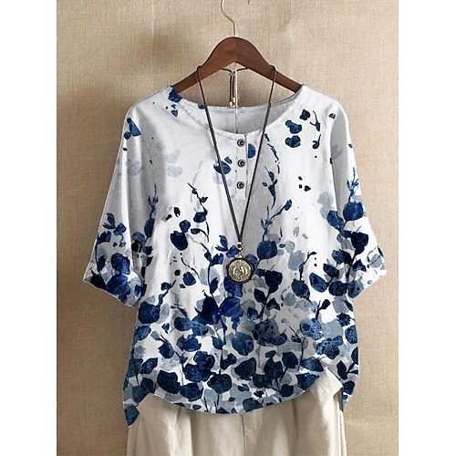 

Women's T shirt Tee Blue Purple Red Floral Print Half Sleeve Daily Basic Round Neck Regular Floral S / 3D Print