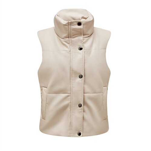 

Women's Plus Size Vest Pocket Zip Up Plain Causal Vacation Sleeveless Stand Collar Regular Fall Winter Black Brown Beige L XL XXL 3XL