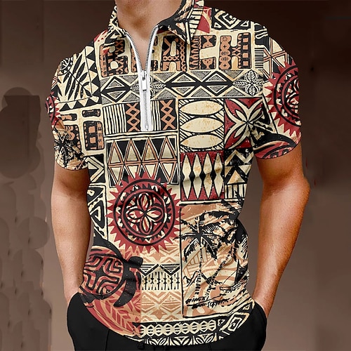 

Men's Collar Polo Shirt Golf Shirt Tribal Turndown Brown Street Casual Short Sleeve Zipper 3D Clothing Apparel Fashion Casual Comfortable / Beach