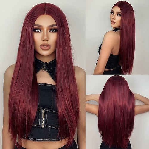 

HAIRCUBE Wine/Ombre Brown/Auburn/Golden/Black Lace Front Wig Long Natural Straight 1341 T Part Kanekalon Lace Wig With Baby Hair for Woman 180% Density