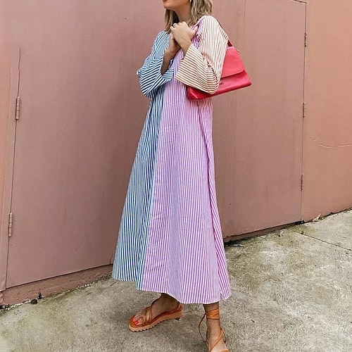 

Women's Swing Dress Maxi long Dress Pink Long Sleeve Striped Split Print Spring Summer V Neck Stylish Casual 2022 S M L XL XXL 3XL