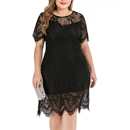 

Women's Plus Size Holiday Dress Floral Crew Neck Lace Short Sleeve Spring Fall Work Knee Length Dress Daily Vacation Dress / Print