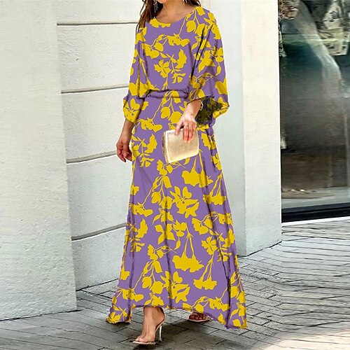 

robe longue Femme Robe Ensemble manche longue Hiver Automne - Elégant Mature Imprimer Floral Bloc de couleur Ligne Col Ras du Cou robe hiver Fin de semaine robe automne Ample 2023 Noir Blanche Violet