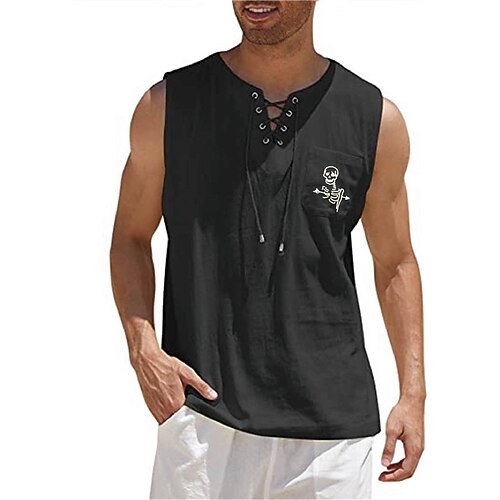 

Men's Shirt Hot Stamping Graphic Patterned Skull V Neck Street Casual Lace up Print Sleeveless Tops Designer Casual Fashion Big and Tall Green Black Khaki / Summer