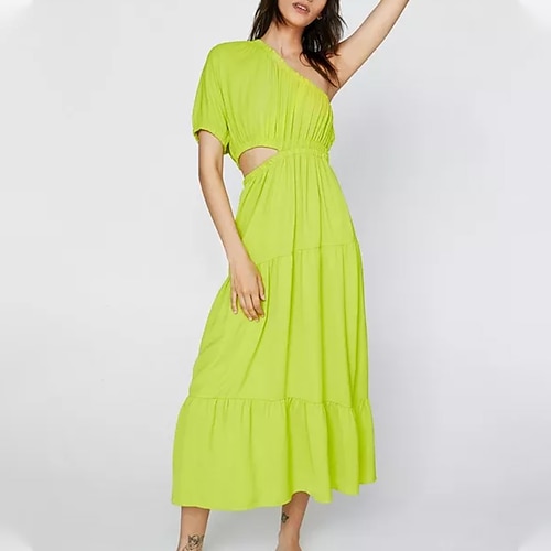 

Women's Sheath Dress Midi Dress Green Short Sleeve Solid Color Ruffle Patchwork Cold Shoulder Summer One Shoulder Party Casual Vacation 2022 S M L XL